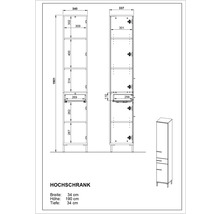 Technische Zeichnung eines Hochschranks mit Breiten-, Höhen- und Tiefenangaben