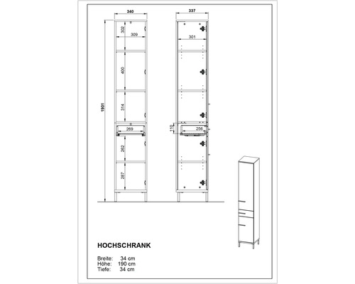 Technische Zeichnung eines Hochschranks mit Breiten-, Höhen- und Tiefenangaben