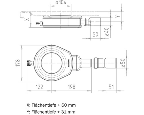 Technische Zeichnung eines Ablaufventils mit Maßen.
