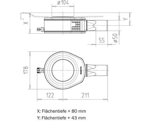 Technische Zeichnung eines Ablaufventils mit Maßangaben