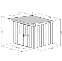 Illustration eines Metall Gerätehauses mit Maßangaben