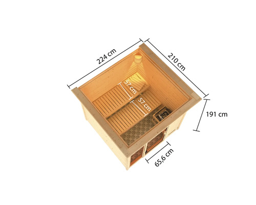 Abbildung einer Sauna mit Maßangaben: 224 cm Länge, 210 cm Breite und 191 cm Höhe.