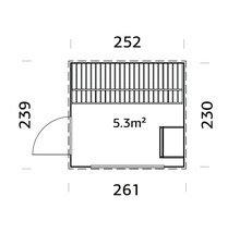 Grundriss eines Gartenhauses mit den Maßen 252 x 230 x 239 x 261 cm und einer Fläche von 5,3 Quadratmetern