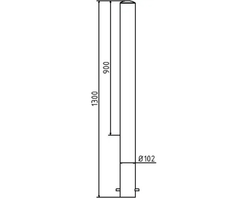 Technische Zeichnung eines Pfostens mit den Maßen 1300 Millimeter Höhe und 102 Millimeter Durchmesser