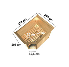 Zeichnung einer Ecksauna mit den Maßen 259 cm, 210 cm, 205 cm und 65,6 cm.
