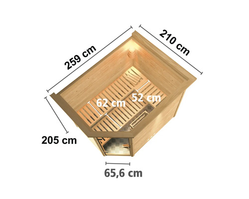 Zeichnung einer Ecksauna mit den Maßen 259 cm, 210 cm, 205 cm und 65,6 cm.