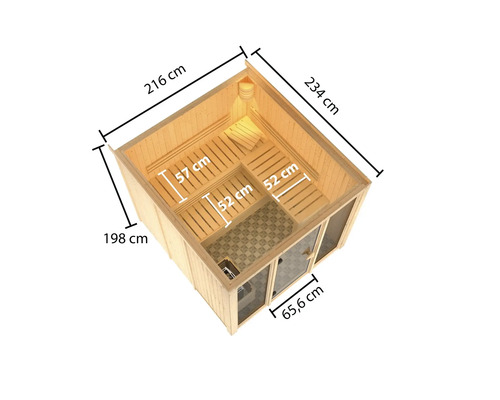 Technische Zeichnung einer Sauna mit Maßen.