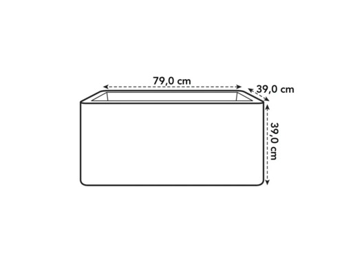 Skizze eines Pflanzkastens mit Maßangaben 79,0 cm Länge, 39,0 cm Breite und 39,0 cm Höhe.