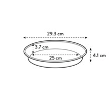 Technische Zeichnung einer runden Pflanzschale mit den Maßen 29,3 cm x 25 cm x 4,1 cm x 3,7 cm.