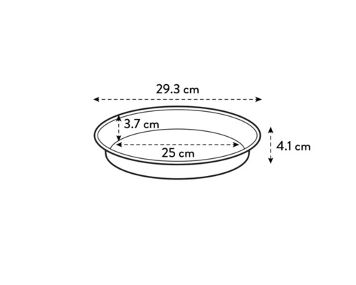 Technische Zeichnung einer runden Pflanzschale mit den Maßen 29,3 cm x 25 cm x 4,1 cm x 3,7 cm.