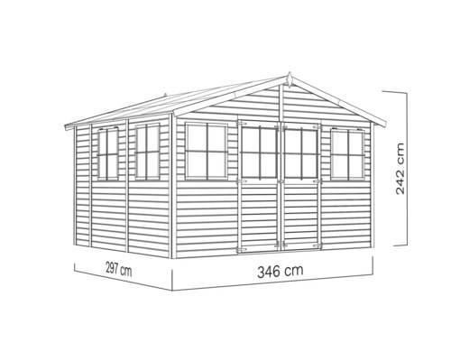 Abbildung eines Gartenhauses mit den Maßen 297 Zentimeter mal 346 Zentimeter und einer Höhe von 242 Zentimetern