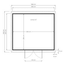 Grundrisszeichnung eines Gartenhauses mit Maßangaben in Zentimetern und Flächenangabe in Quadratmetern