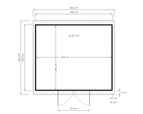 Grundrisszeichnung eines Gartenhauses mit Maßangaben in Zentimetern und Flächenangabe in Quadratmetern