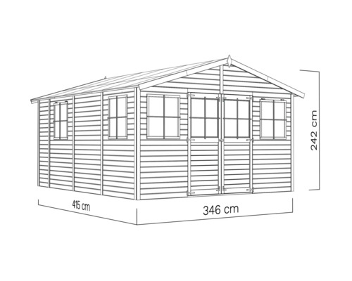 Illustration eines Gartenhauses mit Abmessungen