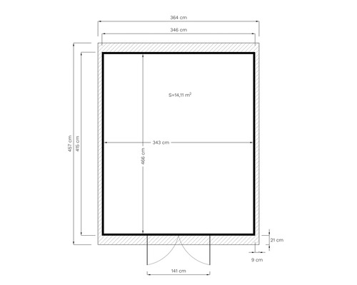 Grundrisszeichnung mit Maßangaben für ein Gartenhaus oder eine ähnliche Struktur