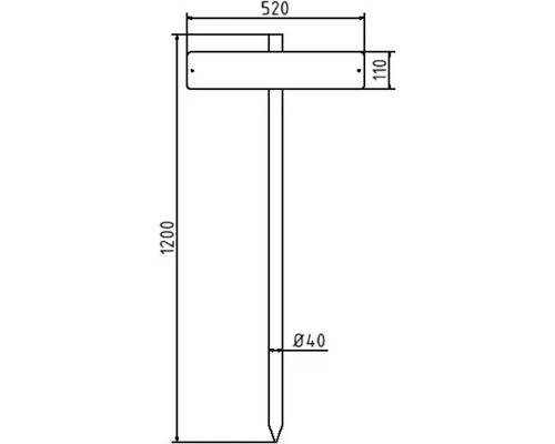 Technische Zeichnung eines Erdankers mit den Maßen 520 mm Breite, 110 mm Höhe, 1200 mm Länge und 40 mm Durchmesser.