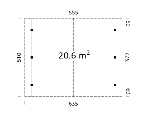 Grundriss mit Abmessungen: 635 x 510 cm, Fläche: 20,6 m²
