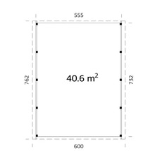 Grundrisszeichnung mit Maßangaben 555, 600, 732, 762 und der Flächenangabe 40,6 Quadratmeter