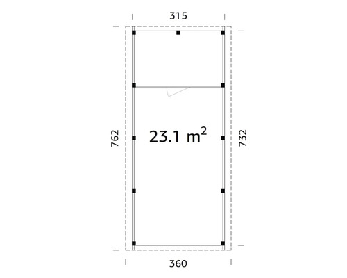 Grundrisszeichnung mit Abmessungen: 315 x 360 x 762 x 732, Fläche 23.1 Quadratmeter