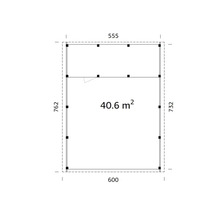 Grundriss mit Maßen: 555 cm Breite oben, 600 cm Breite unten, 762 cm Höhe links, 732 cm Höhe rechts und 40,6 Quadratmeter Fläche