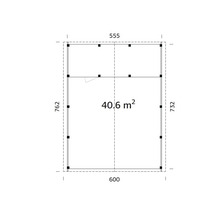 Grundrisszeichnung mit den Maßen 555, 762, 600, 732 und 40,6 Quadratmeter.