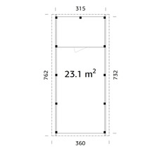 Grundrisszeichnung eines Gartenhauses mit den Maßen 315 x 360 x 762 x 732 cm und einer Fläche von 23,1 Quadratmetern