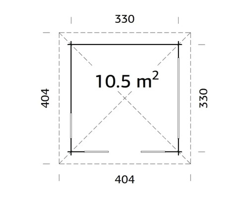 Grundriss eines Gartenhauses mit den Maßen 404 mal 330 Zentimeter und einer Fläche von 10,5 Quadratmetern.