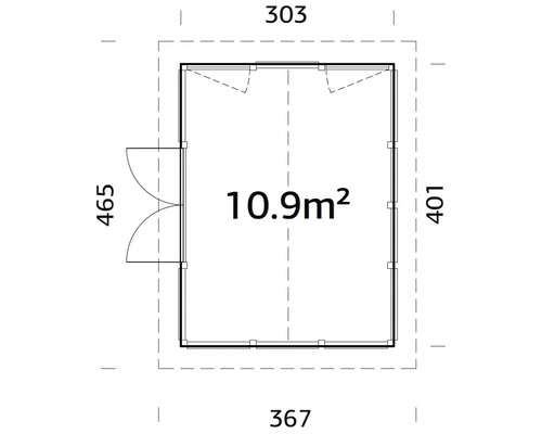 Grundriss eines Gartenhauses mit den Maßen 303 x 367 x 401 x 465 cm und einer Fläche von 10.9 m²