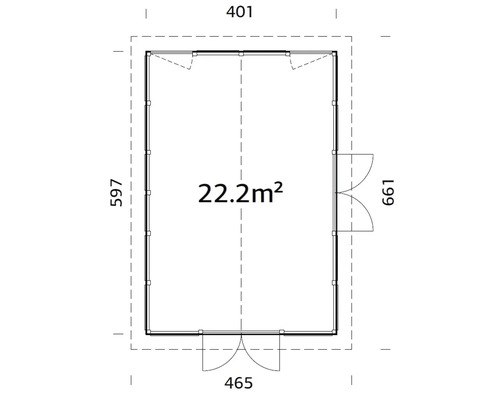 Grundriss eines Gartenhauses mit den Maßen 401 mal 597 Zentimeter und einer Fläche von 22,2 Quadratmetern
