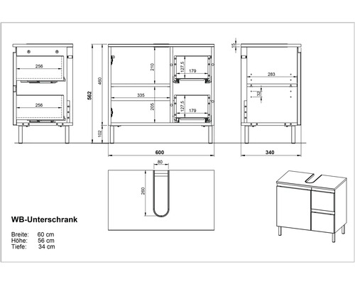 Technische Zeichnung eines Waschbeckenunterschranks mit Maßangaben