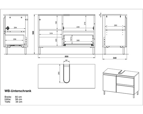 Technische Zeichnung eines Waschtischunterschranks mit Maßen