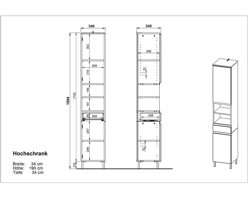 Technische Zeichnung eines Hochschranks mit Maßangaben.