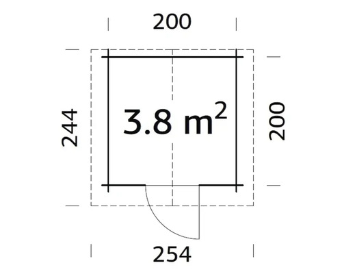Grundrisszeichnung eines Gartenhauses mit den Maßen 244 mal 254 mal 200 Zentimeter und einer Fläche von 3,8 Quadratmetern