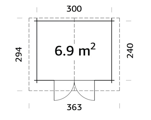Grundrisszeichnung eines Gartenhauses mit Maßangaben