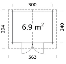 Grundrisszeichnung eines Gartenhauses mit den Maßen 300 x 240 x 294 cm und einer Fläche von 6,9 Quadratmetern.