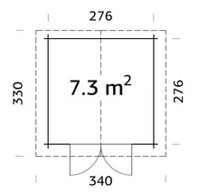 Grundrisszeichnung eines Gartenhauses mit den Maßen 276 mal 330 Zentimeter und einer Fläche von 7,3 Quadratmetern