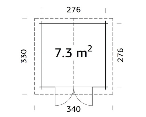 Grundrisszeichnung eines Gartenhauses mit den Maßen 276 mal 330 Zentimeter und einer Fläche von 7,3 Quadratmetern