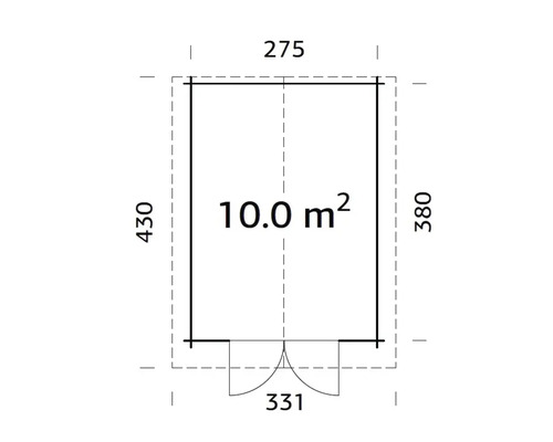 Grundrisszeichnung eines Gartenhauses mit den Maßen 430 x 275 x 380 cm und einer Fläche von 10 Quadratmetern