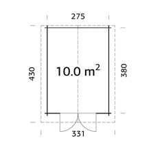 Grundrisszeichnung eines Gartenhauses mit den Maßen 275 x 430 x 380 x 331 Zentimeter und einer Fläche von 10.0 Quadratmetern