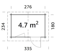 Grundrisszeichnung mit Maßangaben eines Gartenhauses