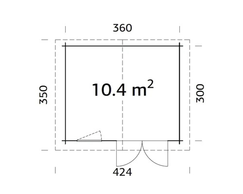 Grundriss eines Gartenhauses mit den Maßen 360 x 350 x 300 cm und einer Fläche von 10,4 Quadratmetern.