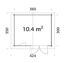 Grundrisszeichnung eines Gartenhauses mit den Maßen 360 x 350 x 300 Zentimeter und einer Fläche von 10,4 Quadratmetern.