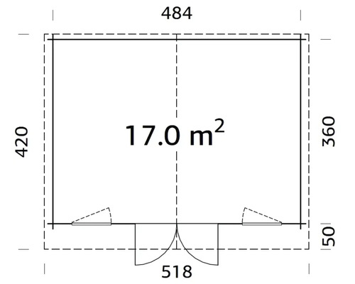 Grundriss eines Gartenhauses mit den Maßen 484 x 420 x 518 Zentimeter und einer Fläche von 17 Quadratmetern.