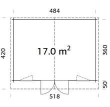 Grundriss eines Gartenhauses mit den Maßen 484 mal 420 Zentimeter und einer Fläche von 17 Quadratmetern.