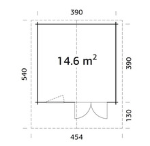 Grundriss eines Gartenhauses mit den Maßen 390 x 540 Zentimeter und einer Fläche von 14,6 Quadratmetern.