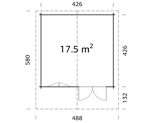 Grundriss eines Gartenhauses mit den Maßen 426 mal 580 Zentimeter und einer Fläche von 17.5 Quadratmetern