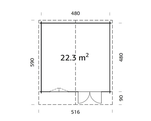 Grundrisszeichnung eines Gartenhauses mit den Maßen 480 x 590 x 516 x 90 Zentimeter und einer Fläche von 22,3 Quadratmetern.