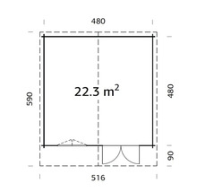 Grundrisszeichnung mit Maßangaben für ein Gebäude mit einer Fläche von 22,3 Quadratmetern