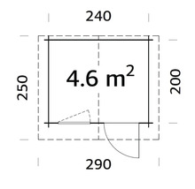 Grundrisszeichnung eines Gartenhauses mit den Maßen 240 mal 250 mal 200 mal 290 und einer Fläche von 4,6 Quadratmetern