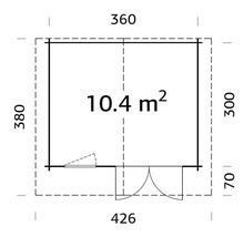 Grundrisszeichnung mit Maßangaben für ein Gartenhaus, Fläche 10.4 Quadratmeter
